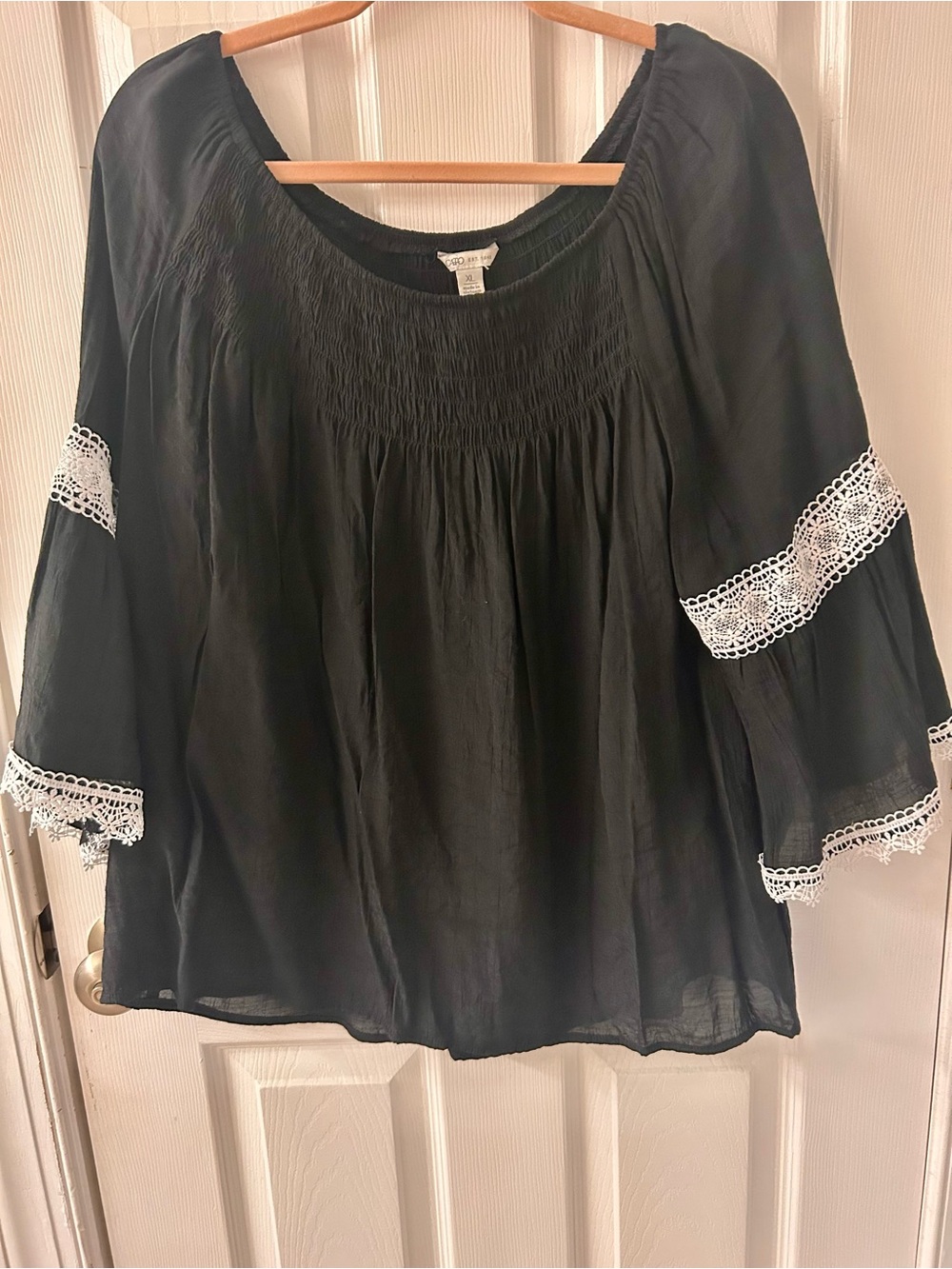 Cato Black Blouse with White Lace Inserts